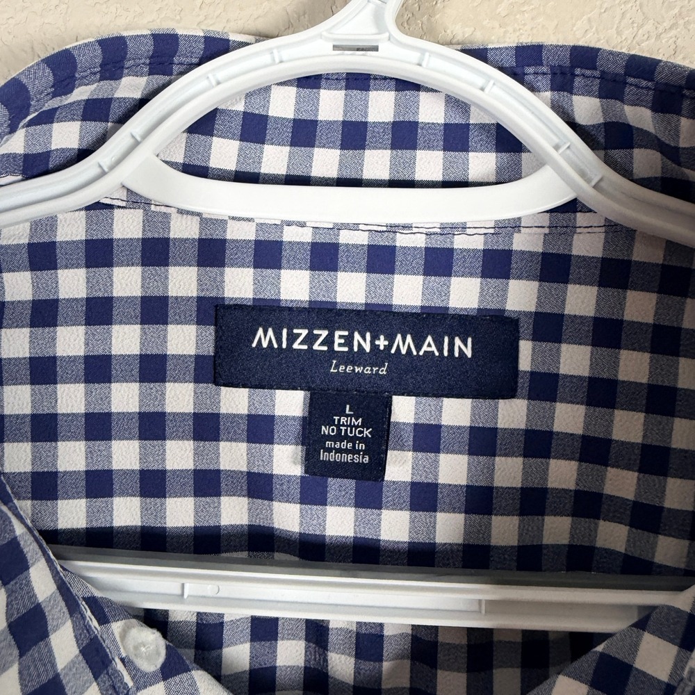 Mizzen+Main Leeward Dress Shirt‎ Trim Mens L Navy Blue Gingham Stretch No Tuck - Picture 3 of 8